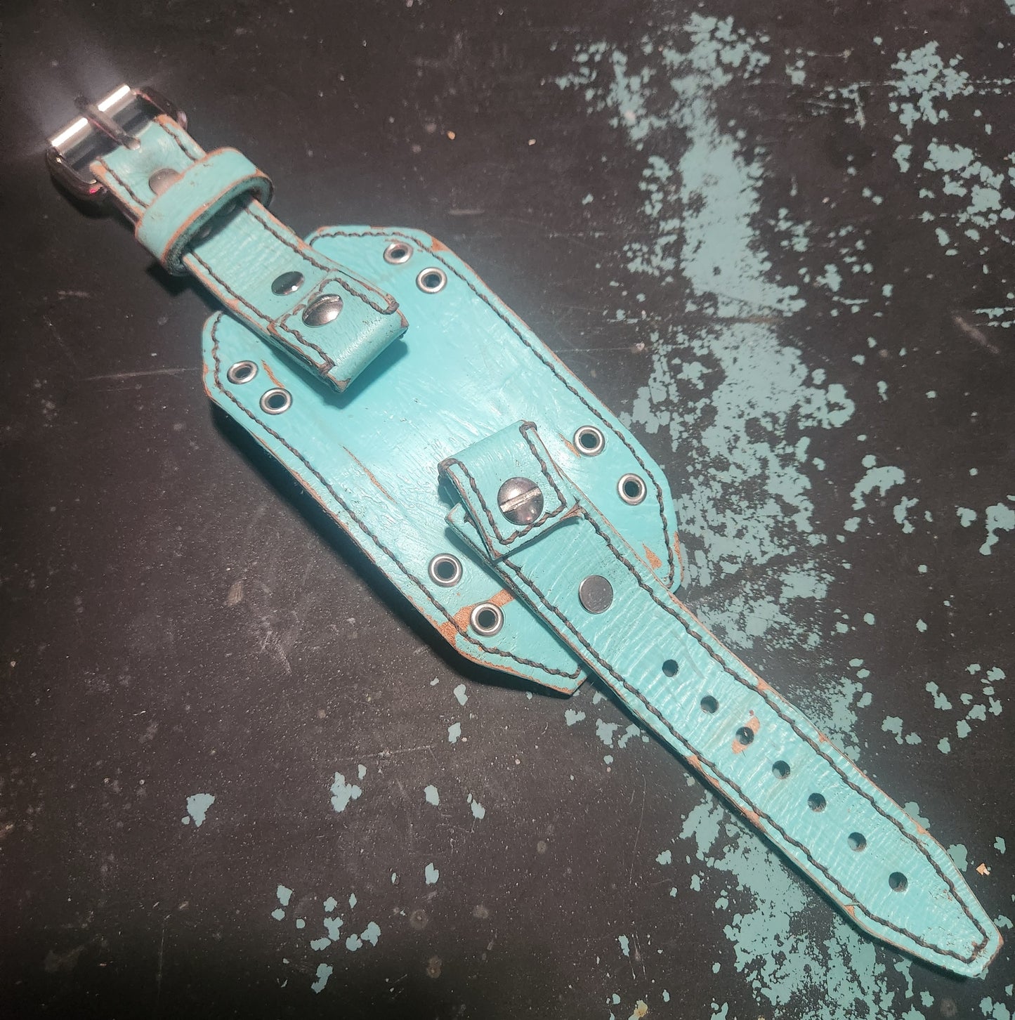 Custom Vintage Turquoise Leather Smart Watch Band with Polished Steel Buckle