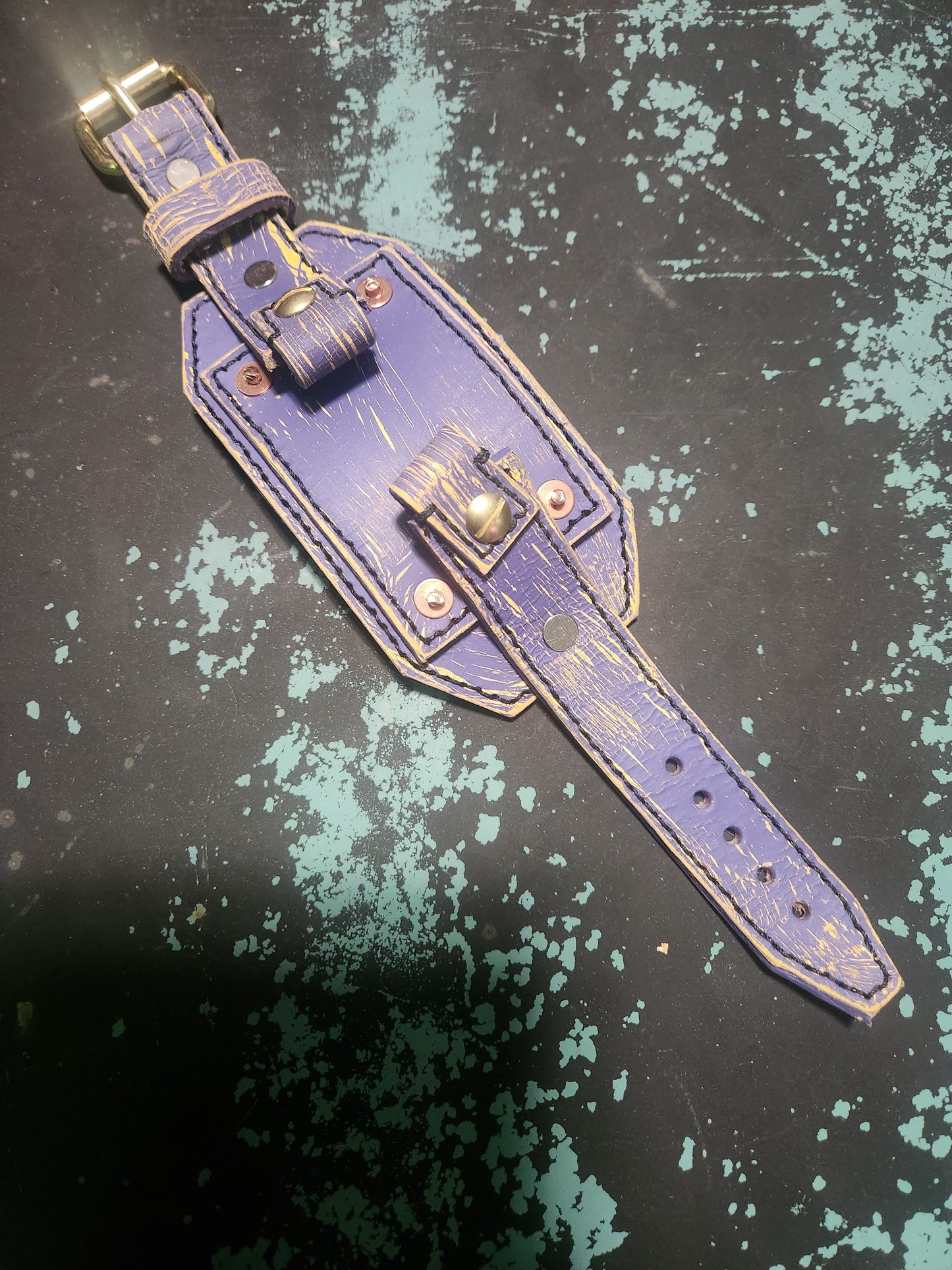 Custom Handmade Vintage Purple and Yellow Leather Smart Watch Band with Gold Buckle