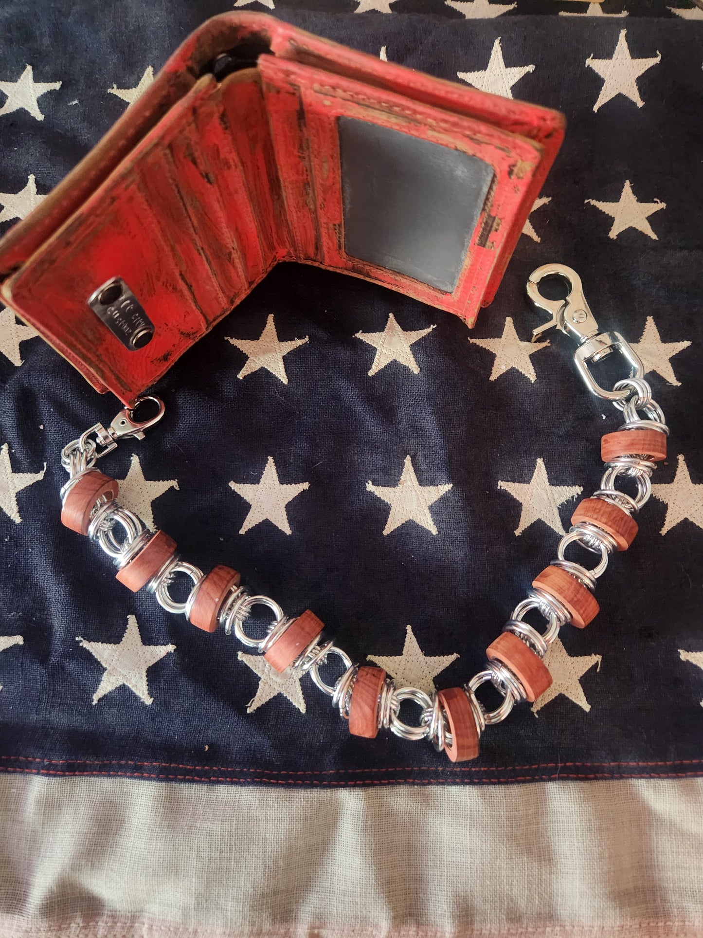 18in Thinner Exotic Wood "Red Heart" Wallet Chain and polished Steel Rings