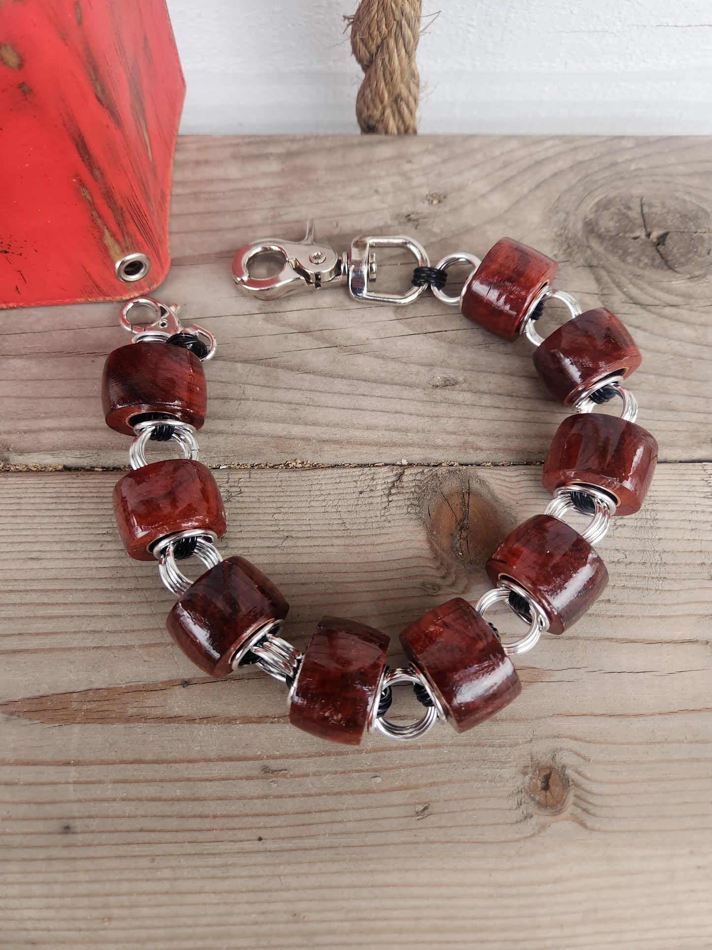 18in. Exotic Wood "Red Heart" with Polished Steel and Black Ring Wallet Chain