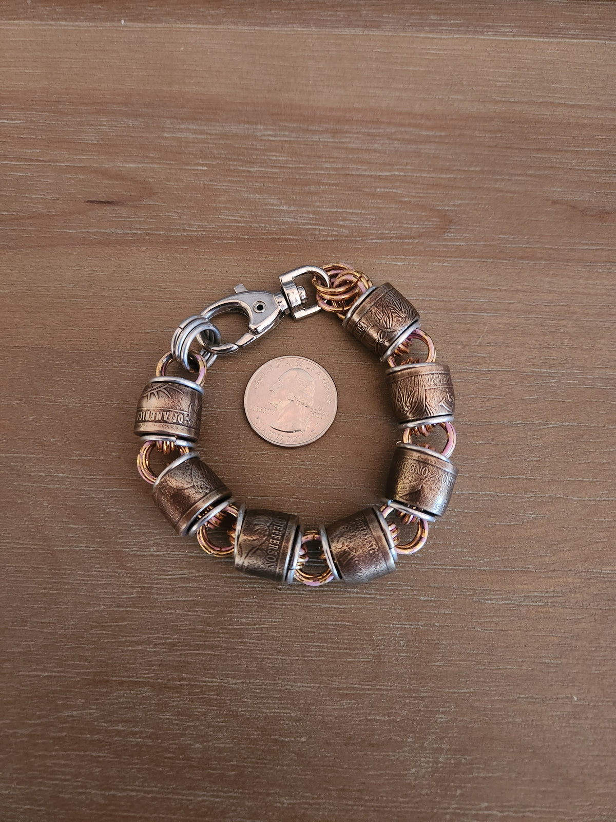 Custom United States Gold Dollar Coins and "pink" polished Steel Ring Bracelet with Adjustable Buckle - Durable Design, Custom Fit for Everyday Wear