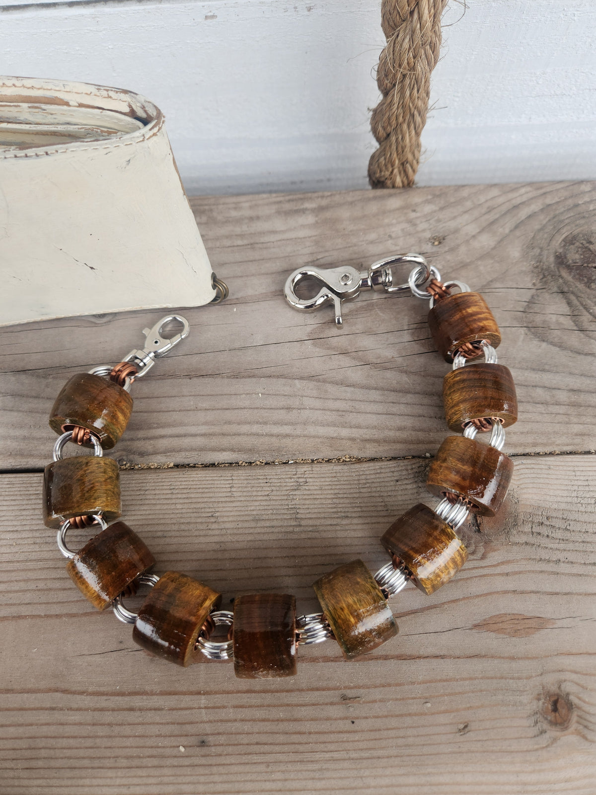 18in. Exotic Wood "Argentinian green sandalwood" Wallet Chain with Polished Steel and Copper Rings