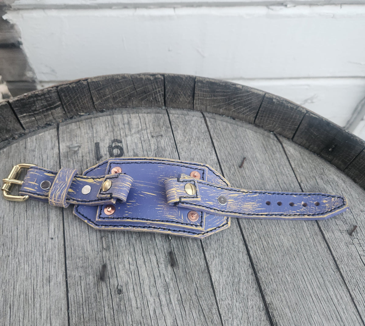 Custom Handmade Vintage Purple and Yellow Leather Smart Watch Band with Gold Buckle
