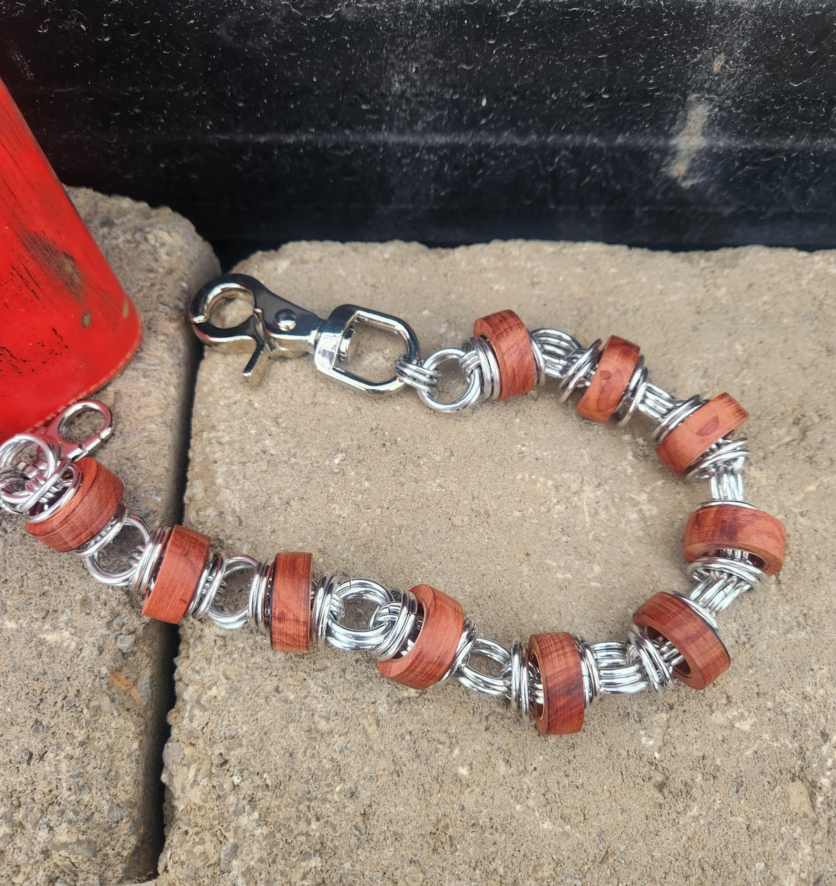 18in Thinner Exotic Wood "Red Heart" Wallet Chain and polished Steel Rings