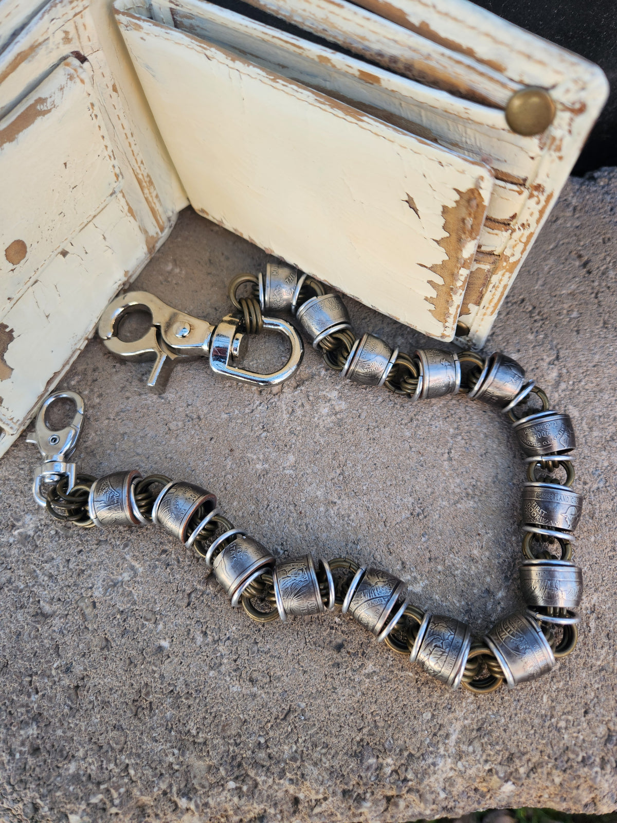 18in. Custom United States Quarter's and polished Steel Ring Wallet Chain with Copper Brass Ring