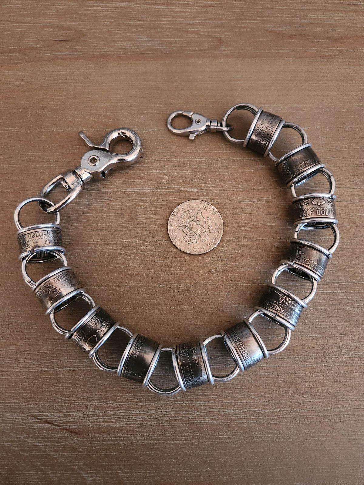 18in. Custom United States Half Dollar Coin and polished Steel Ring Wallet Chain