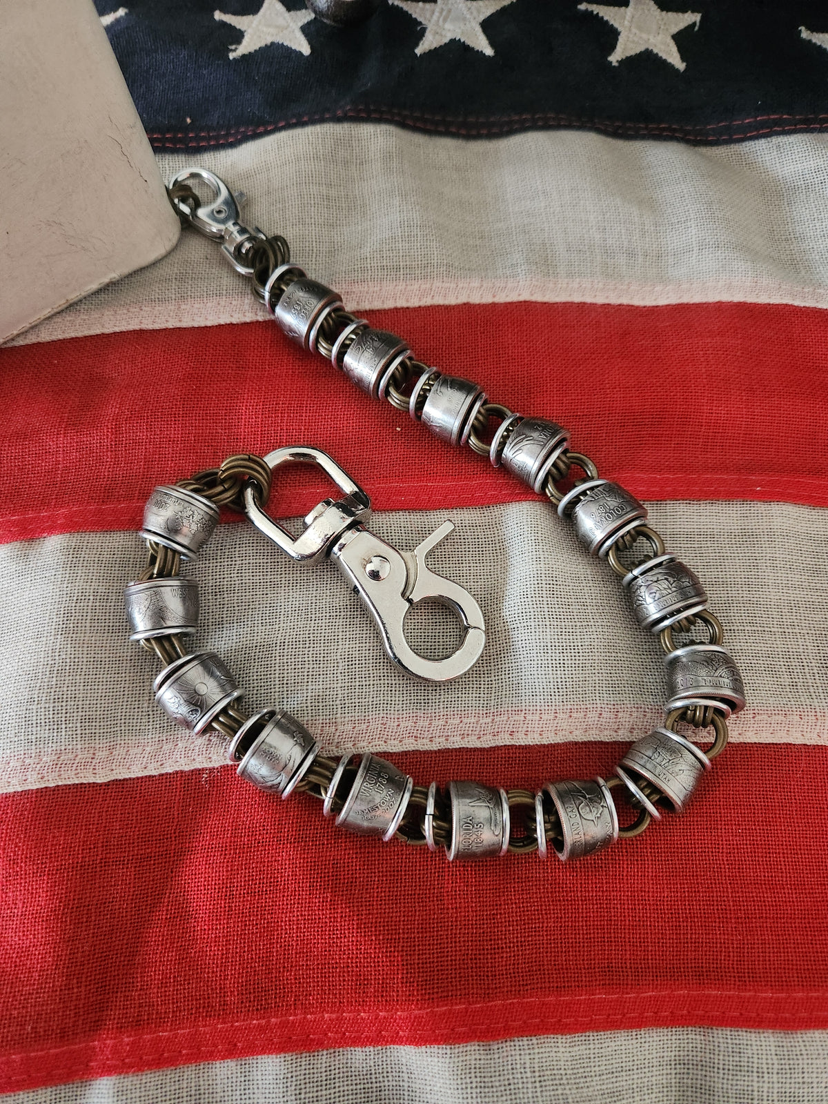 18in. Custom United States Quarter's and polished Steel Ring Wallet Chain with Copper Brass Ring