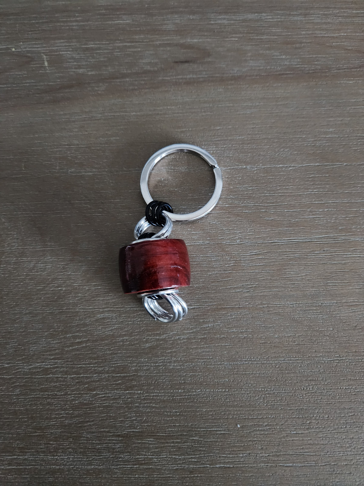 Red Heart Exotic Wood Key Chain - Unique Design with Red Wood Accent and Silver Rings