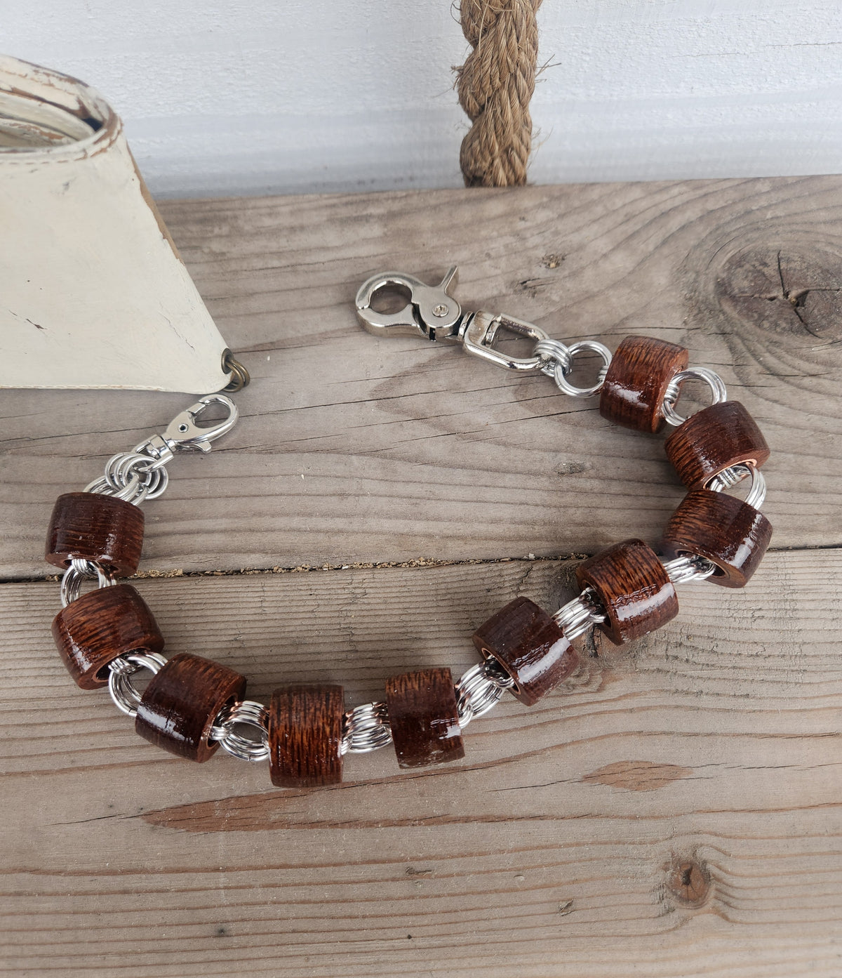 18in. Exotic Wood "Leopardwood" Wallet Chain with Polished Steel Rings