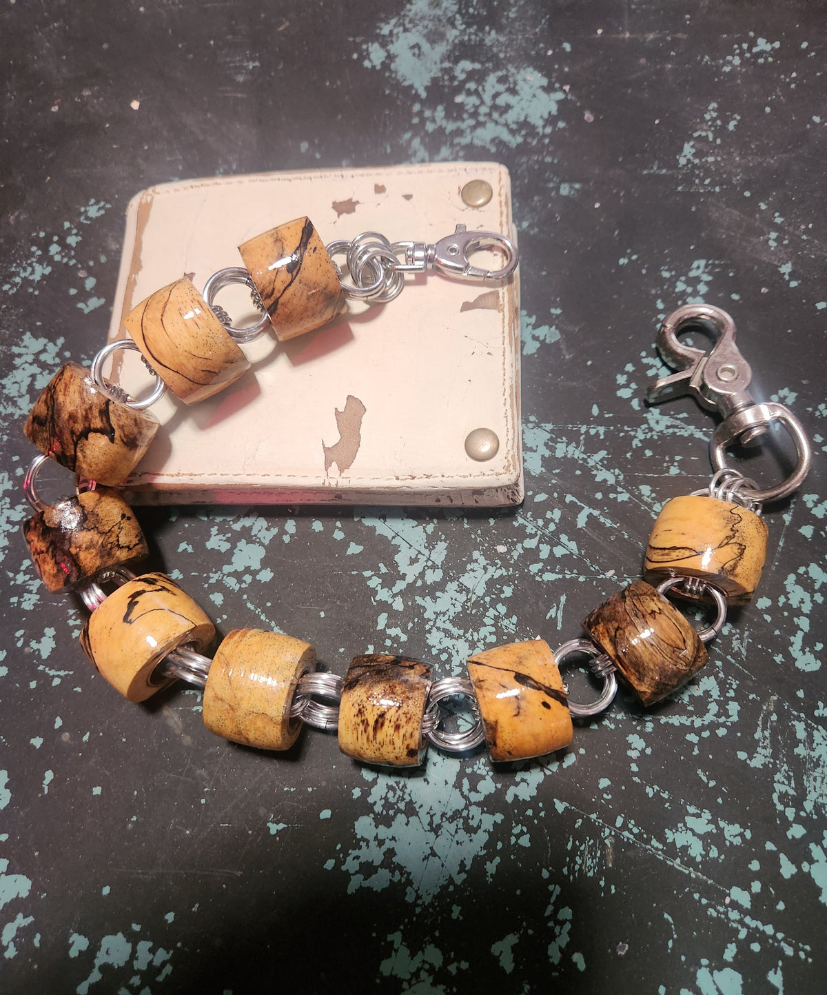 18in. Exotic Wood "Spalted Tamarind" Chain Wallet with Polished Steel Rings