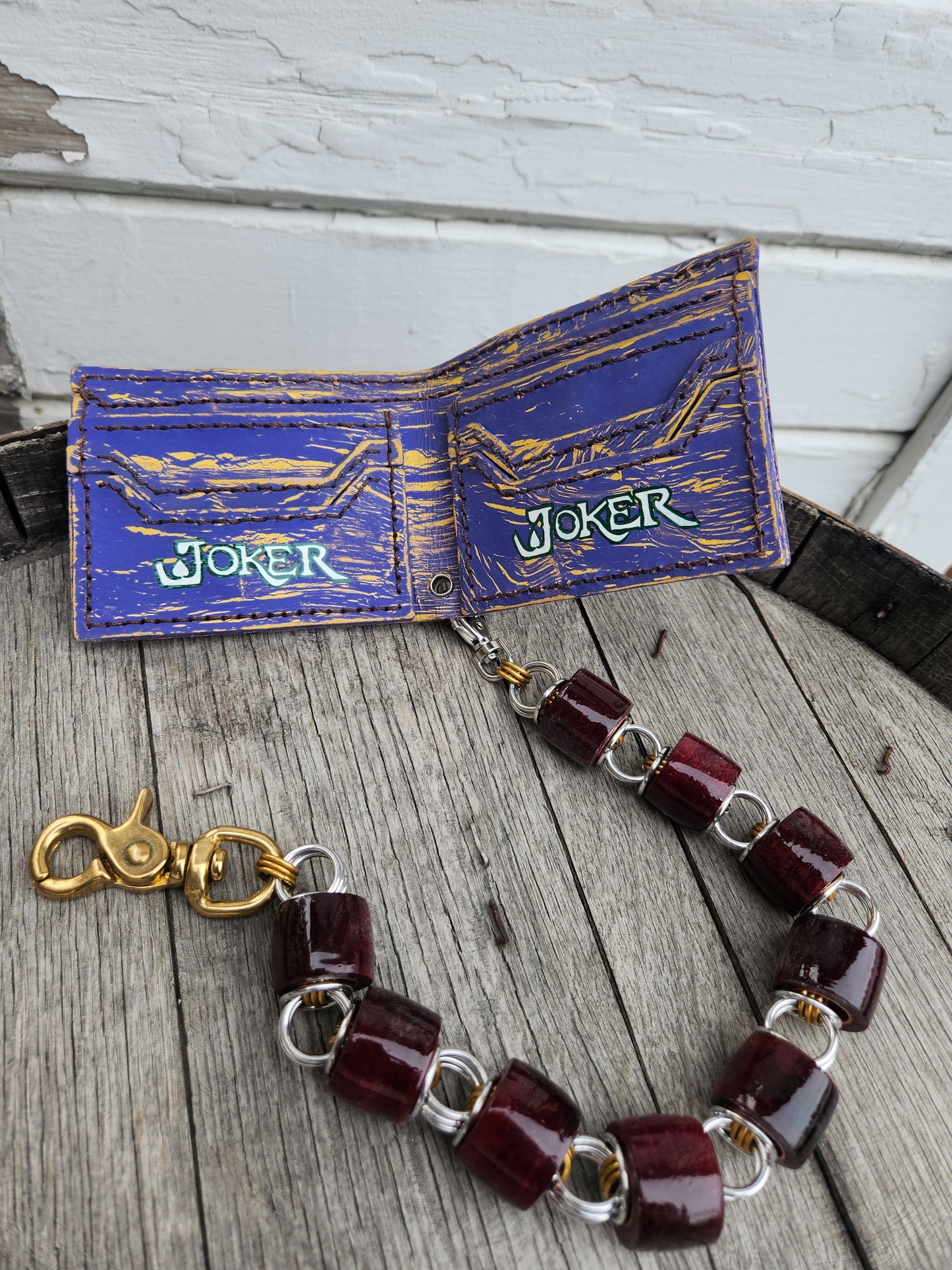 Custom Purple and Yellow Distressed retro handpainted Joker wallet.