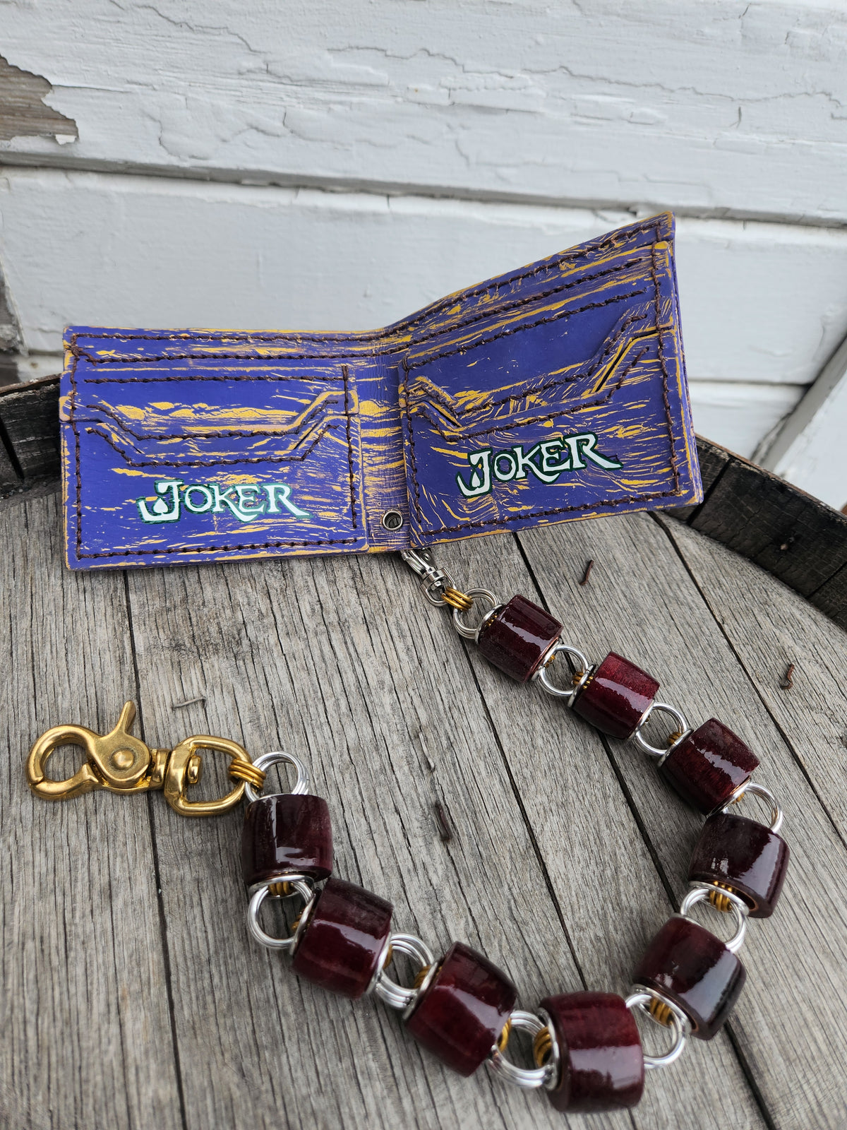 Custom Purple and Yellow Distressed retro handpainted Joker wallet.