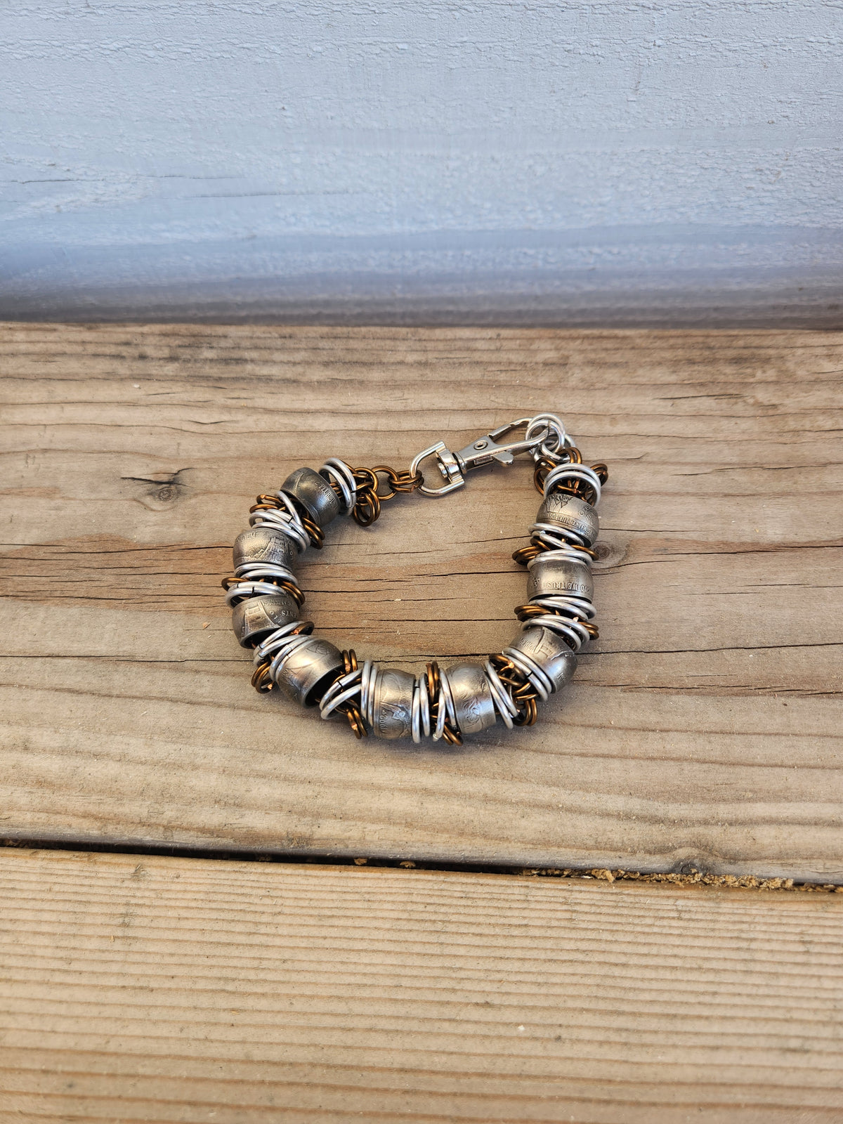 Custom United States Nickel and polished Steel Bracelet with Brass Copper Ring Chain