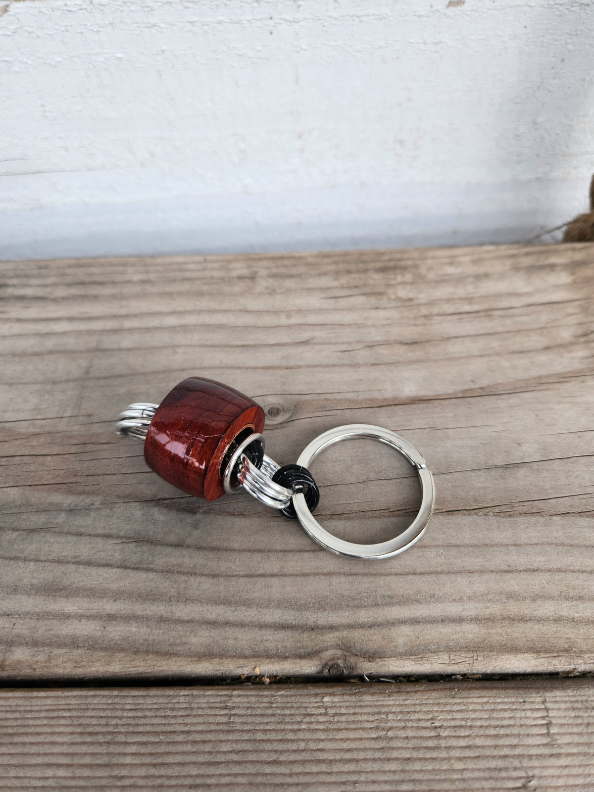 Red Heart Exotic Wood Key Chain - Unique Design with Red Wood Accent and Silver Rings