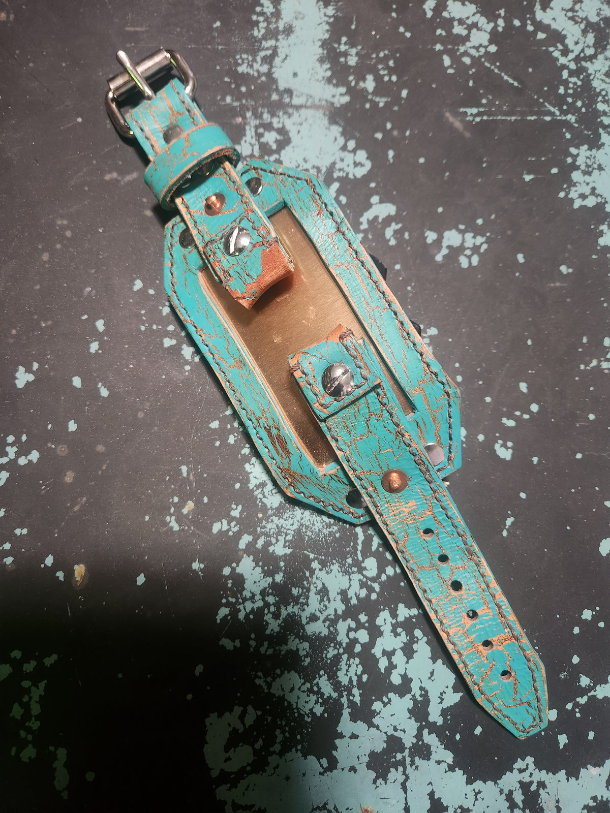 Custom Aqua and Copper Vintage Smart Watch Band with Polished Steel Buckle