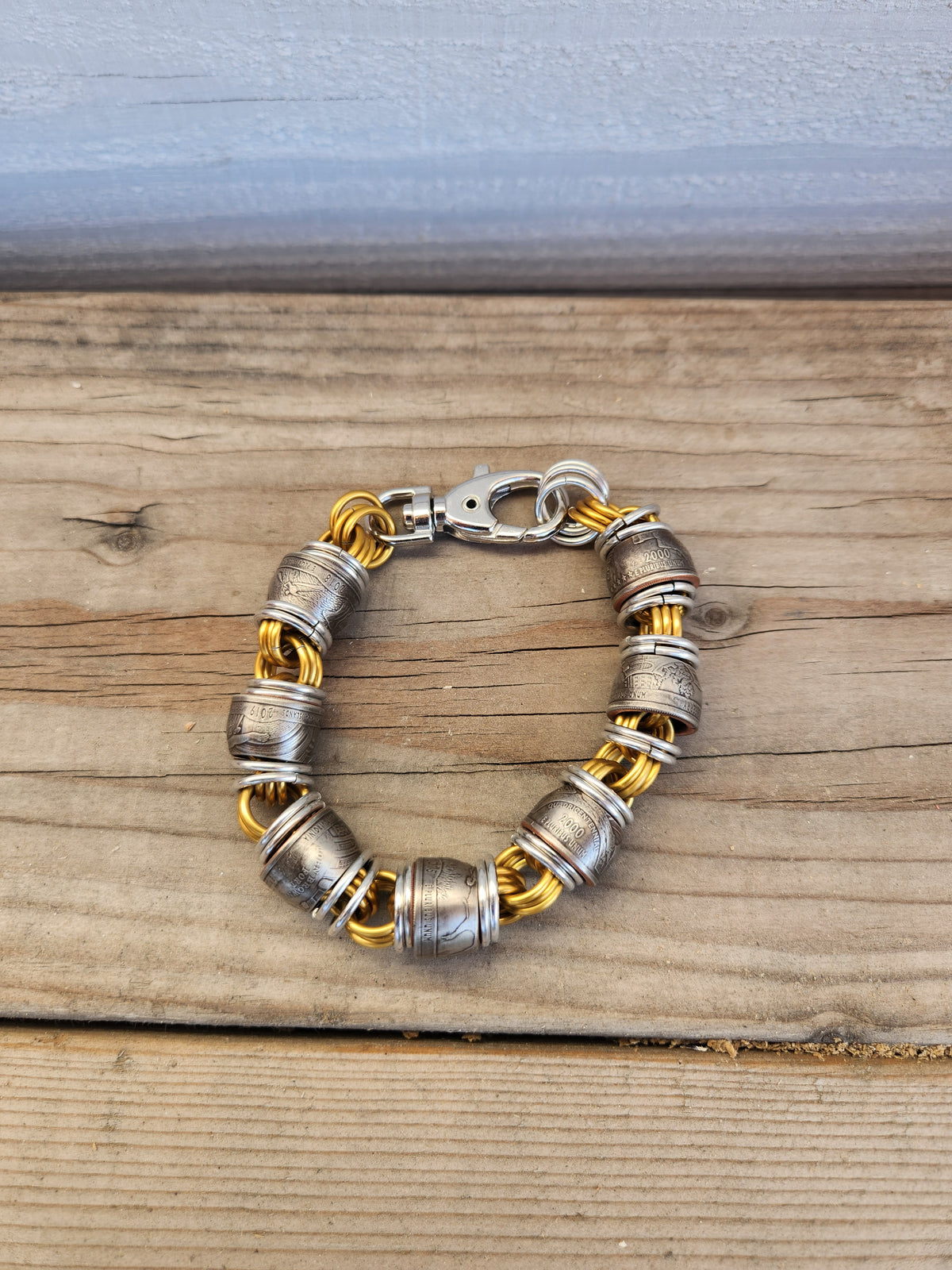 Custom United States Quarter's and Brass & polished Steel Ring Chain Bracelet with Unique Design and Gold Finish