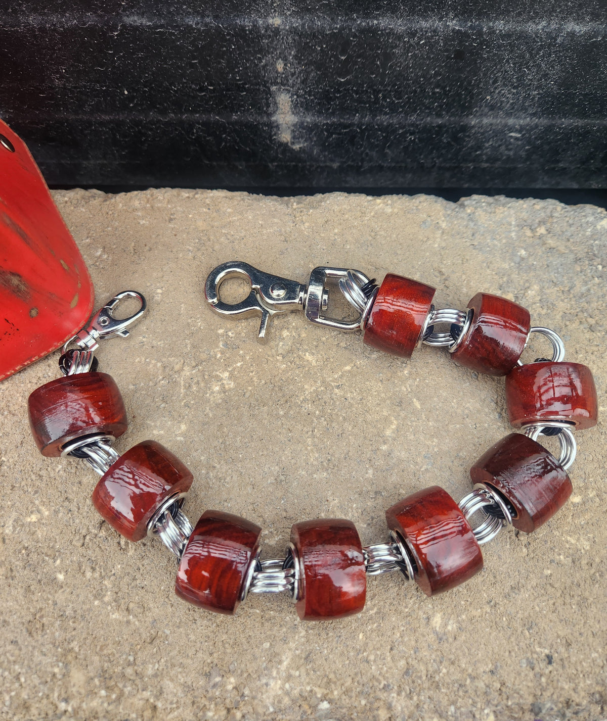 18in. Exotic Wood "Red Heart" with Polished Steel and Black Ring Wallet Chain