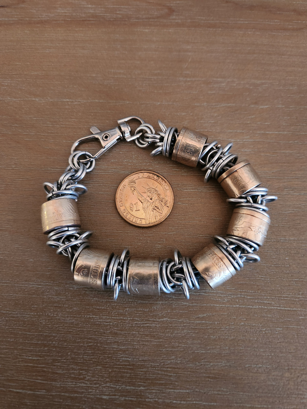 Custom United States Gold Dollar Coin and Polished Steel Bracelet - Customizable Design with Chain Link