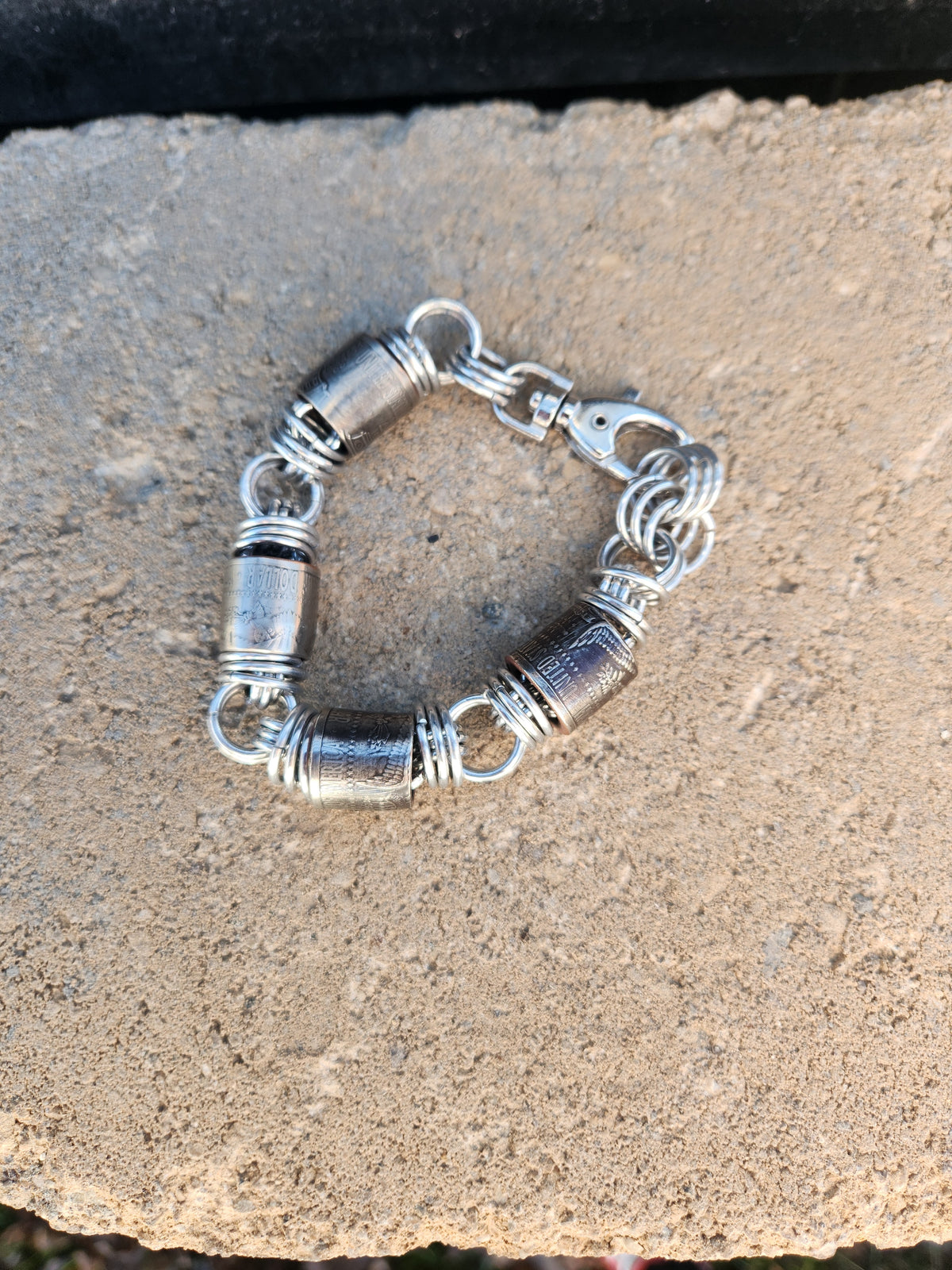 Custom United States Half Dollar Coin and polished Steel Ring Chain Bracelet with Silver-Tone Design