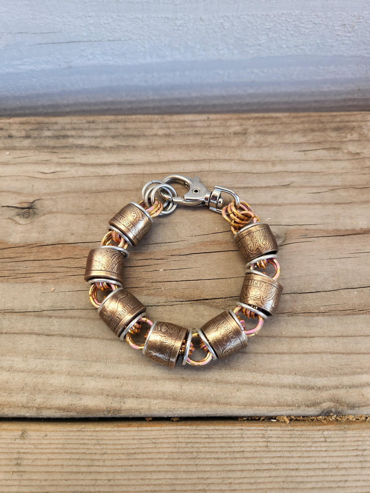 Custom United States Gold Dollar Coins and "pink" polished Steel Ring Bracelet with Adjustable Buckle - Durable Design, Custom Fit for Everyday Wear