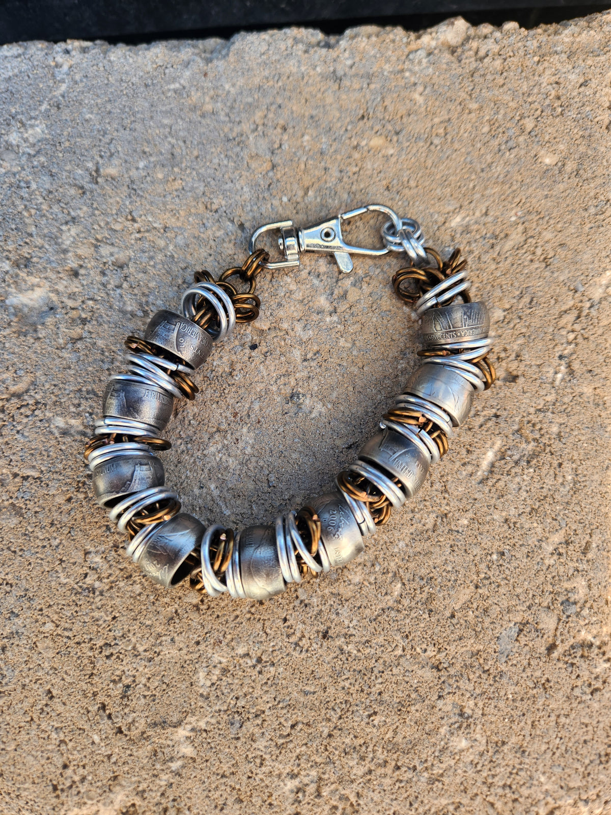 Custom United States Nickel and polished Steel Bracelet with Brass Copper Ring Chain