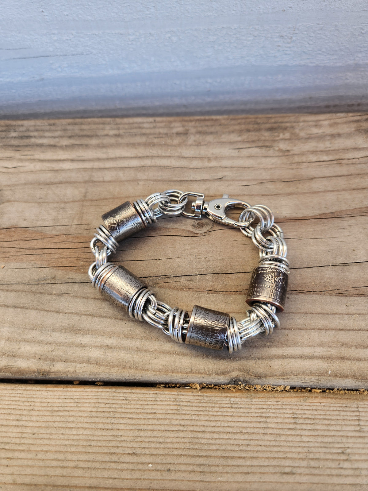 Custom United States Half Dollar Coin and polished Steel Ring Chain Bracelet with Silver-Tone Design
