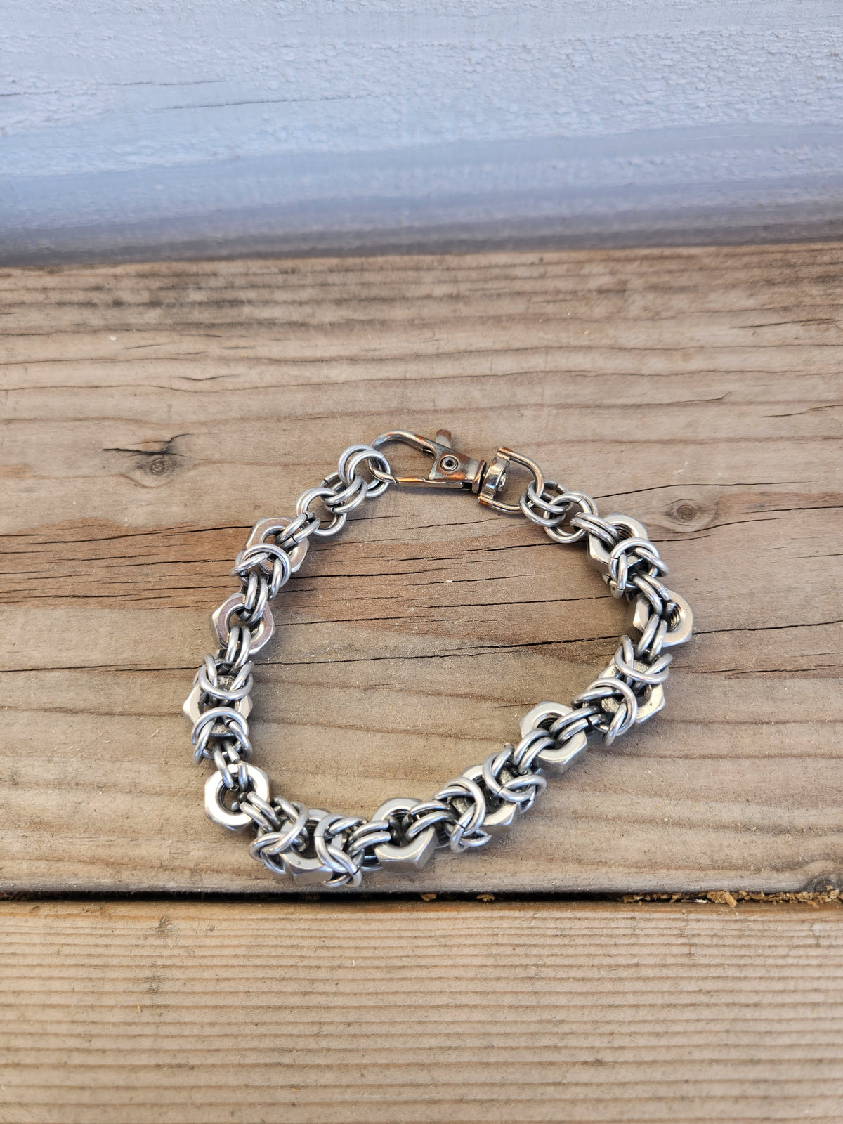 Polished Steel Ring and "Nut" Chain Bracelet - Simple Design with Smooth Finish