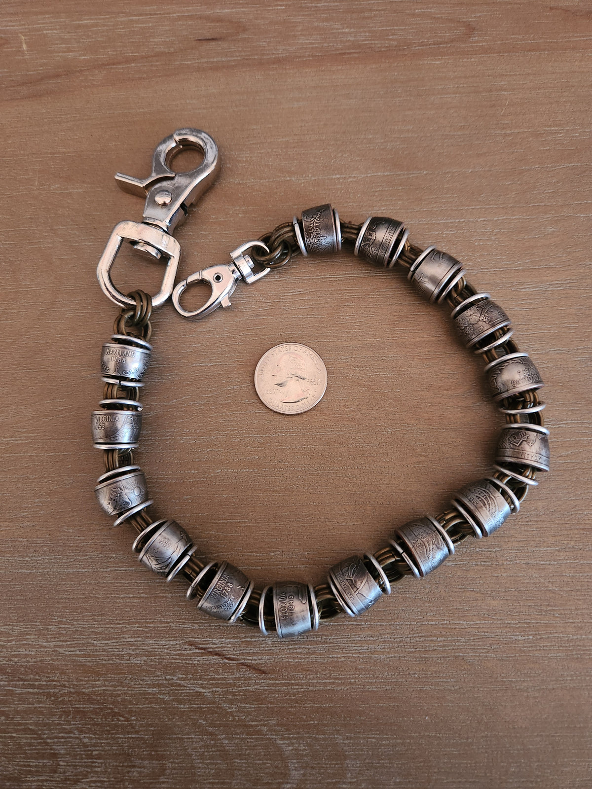 18in. Custom United States Quarter's and polished Steel Ring Wallet Chain with Copper Brass Ring