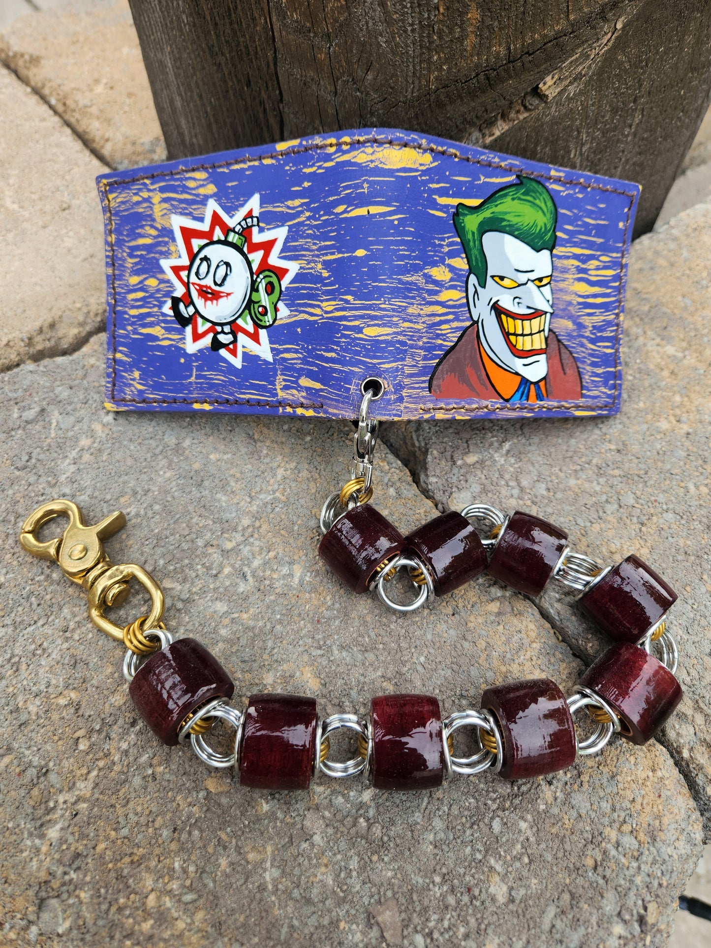 Custom Purple and Yellow Distressed retro handpainted Joker wallet.