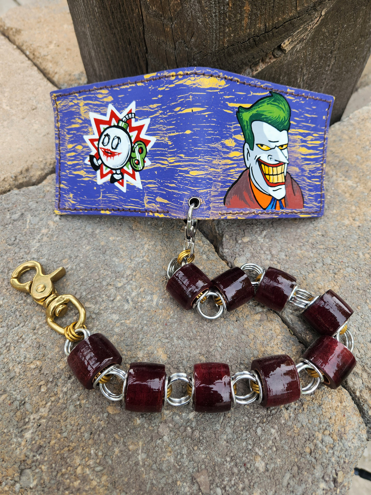 Custom Purple and Yellow Distressed retro handpainted Joker wallet.