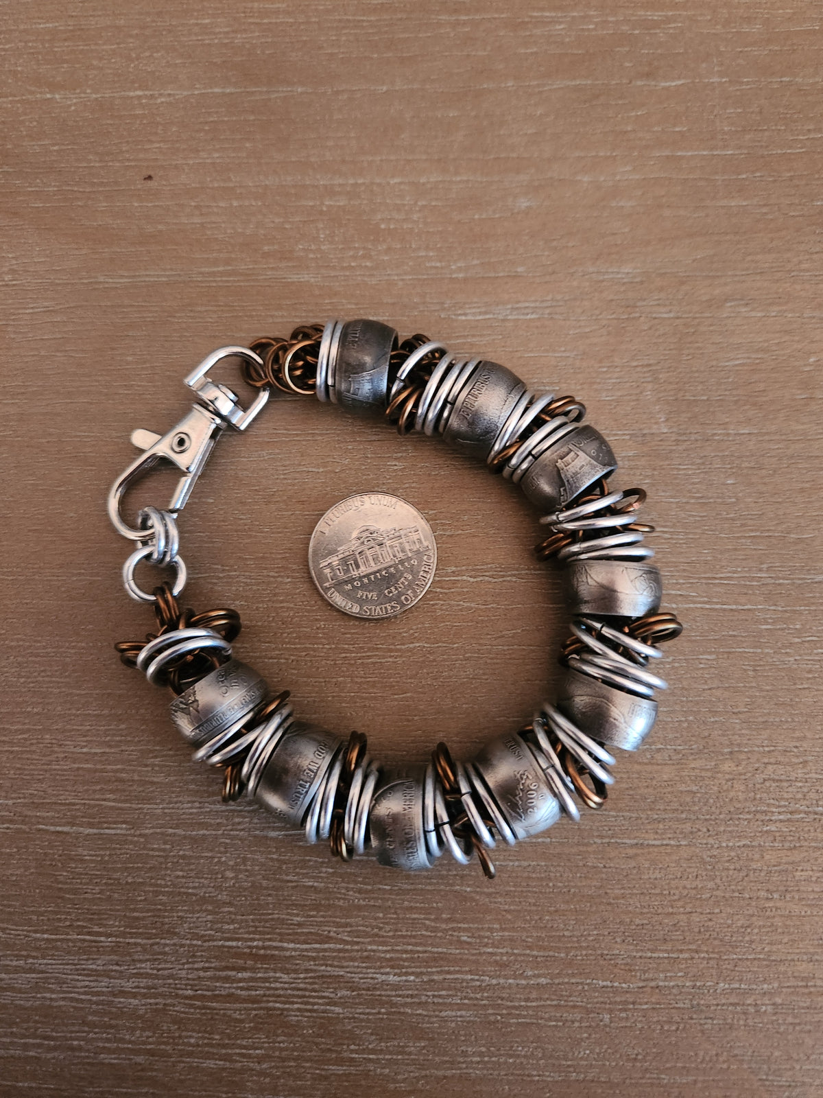 Custom United States Nickel and polished Steel Bracelet with Brass Copper Ring Chain