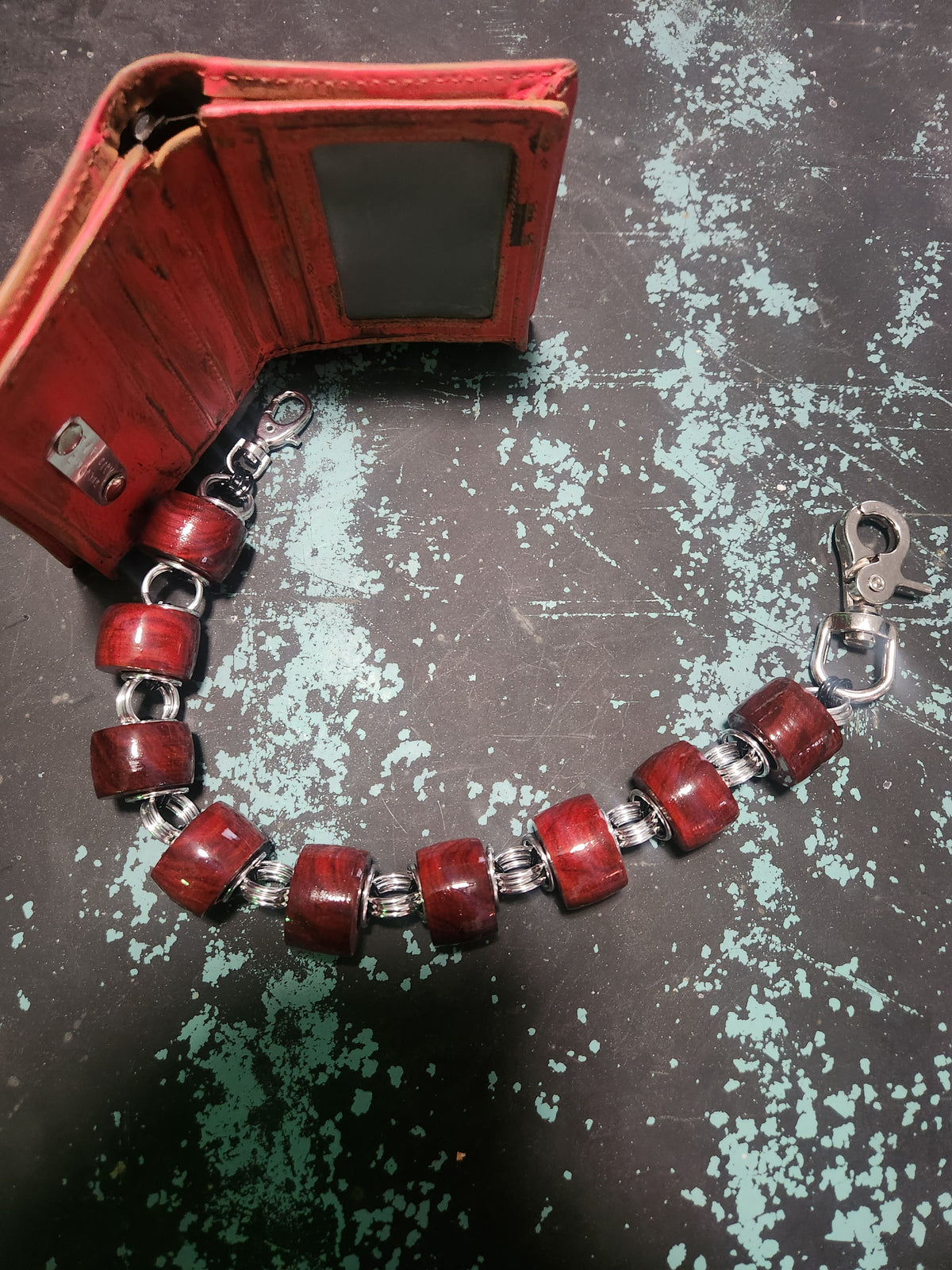18in. Exotic Wood "Red Heart" with Polished Steel and Black Ring Wallet Chain