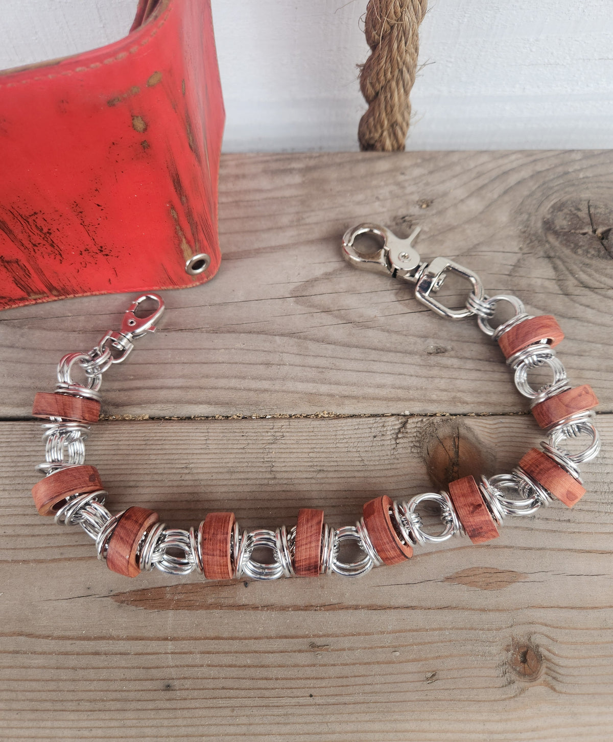 18in Thinner Exotic Wood "Red Heart" Wallet Chain and polished Steel Rings