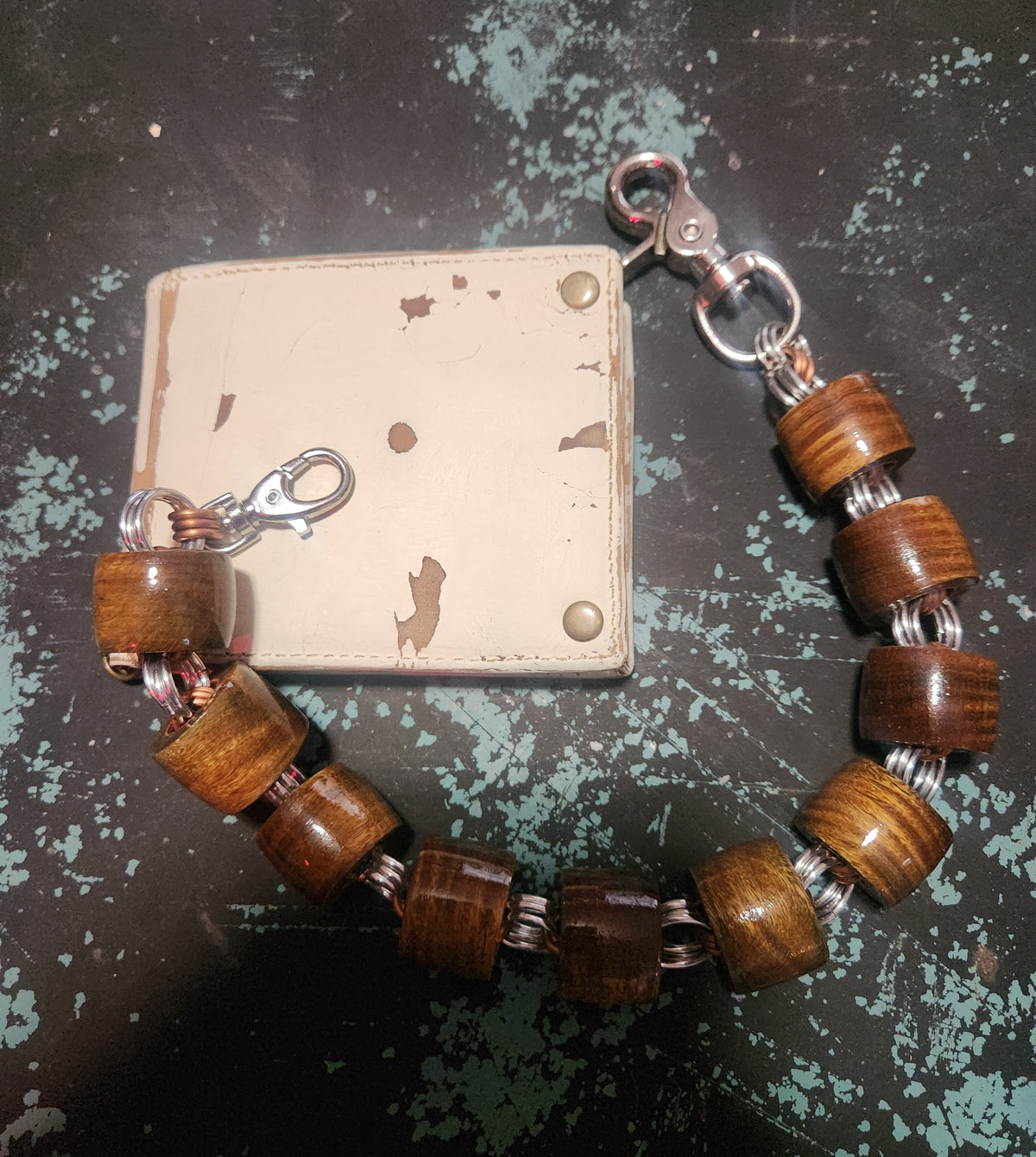18in. Exotic Wood "Argentinian green sandalwood" Wallet Chain with Polished Steel and Copper Rings