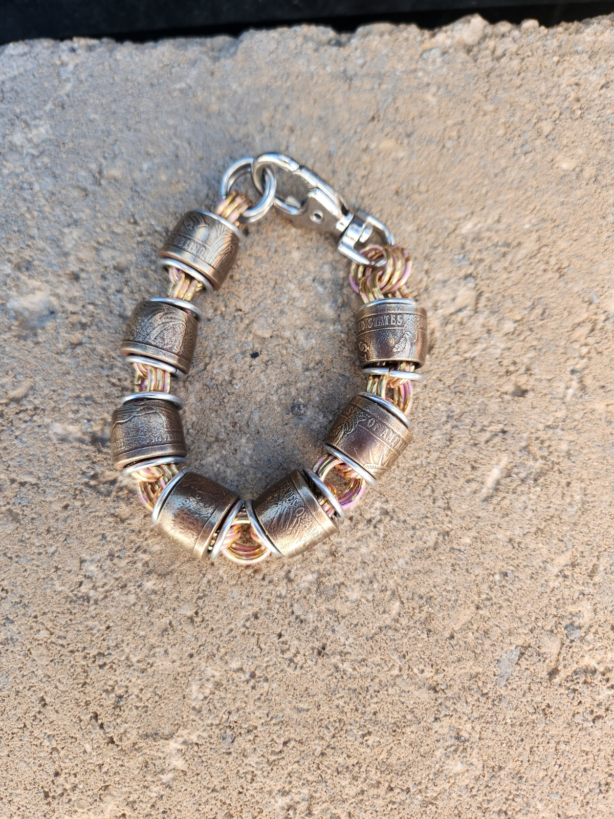 Custom United States Gold Dollar Coins and "pink" polished Steel Ring Bracelet with Adjustable Buckle - Durable Design, Custom Fit for Everyday Wear
