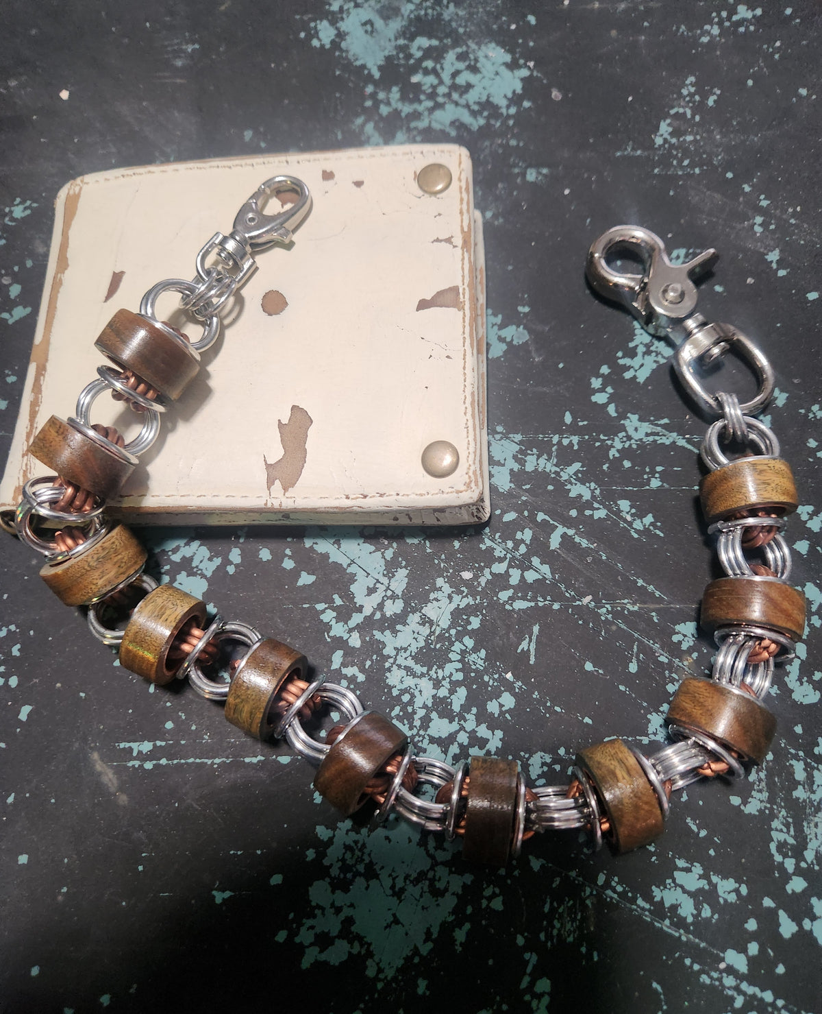 Argentinian Green Sandalwood 18in Exotic Wood Wallet Chain with Polished Steel and Copper Ring with Thinner Beads