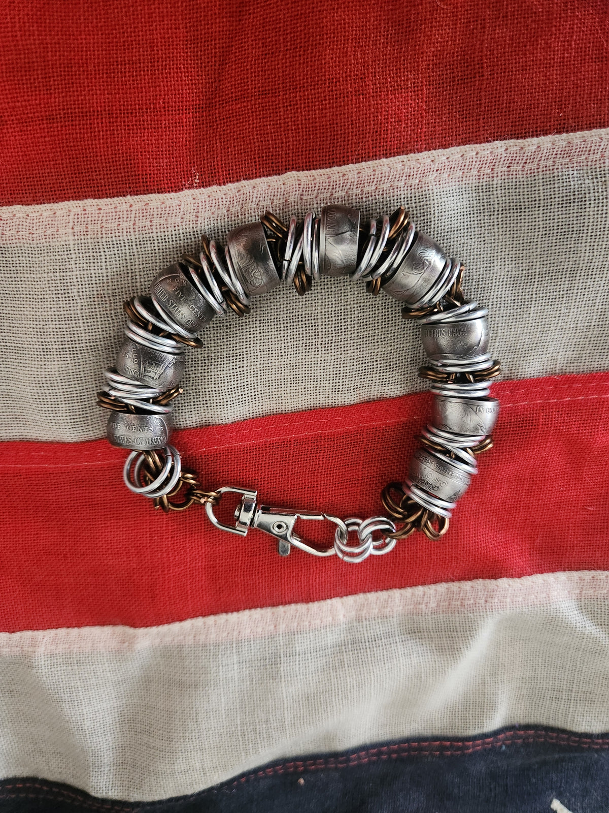 Custom United States Nickel and polished Steel Bracelet with Brass Copper Ring Chain