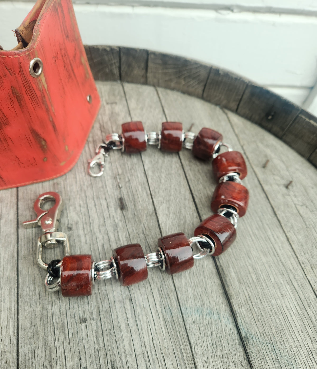 18in. Exotic Wood "Red Heart" with Polished Steel and Black Ring Wallet Chain