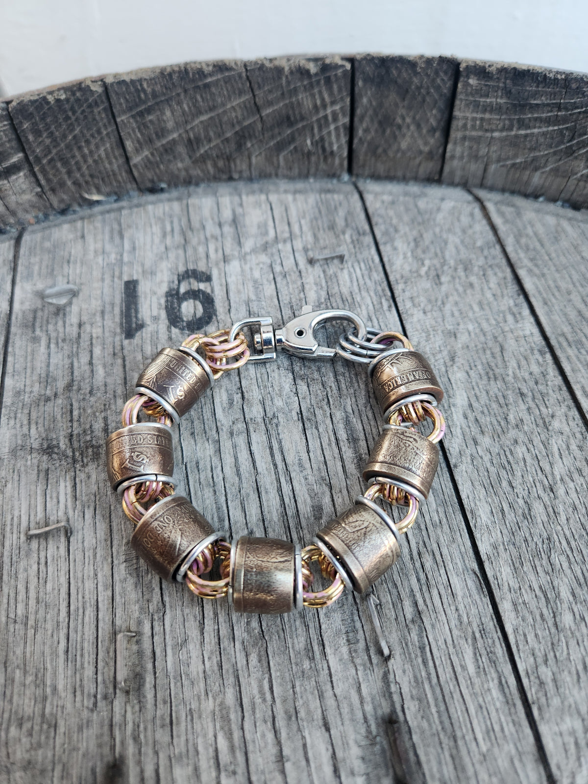 Custom United States Gold Dollar Coins and "pink" polished Steel Ring Bracelet with Adjustable Buckle - Durable Design, Custom Fit for Everyday Wear