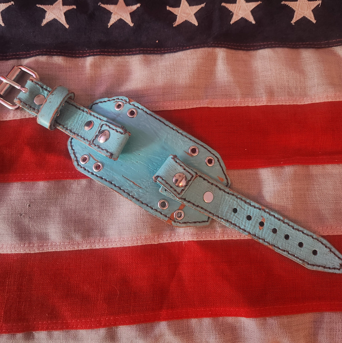 Custom Vintage Turquoise Leather Smart Watch Band with Polished Steel Buckle