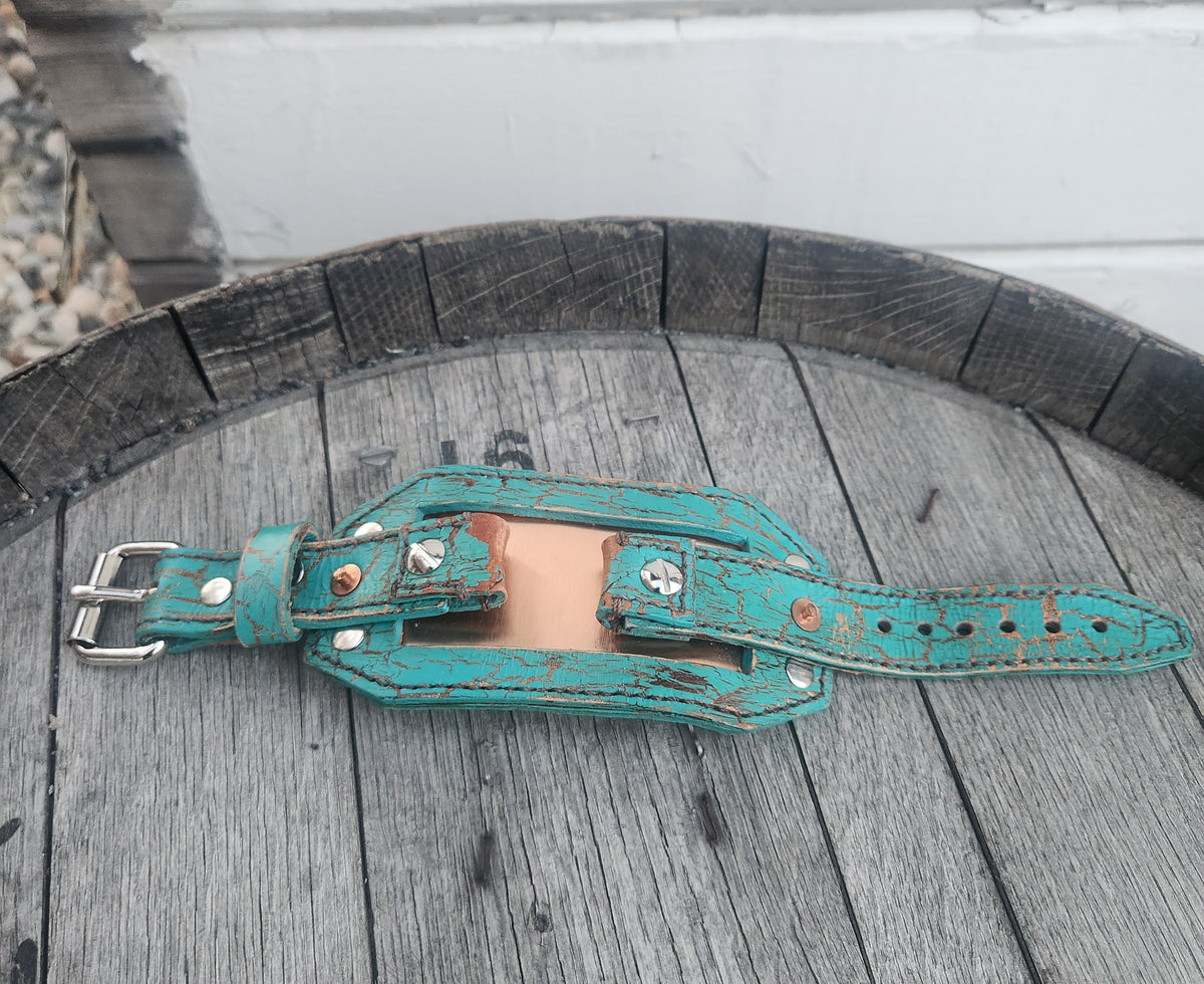 Custom Aqua and Copper Vintage Smart Watch Band with Polished Steel Buckle