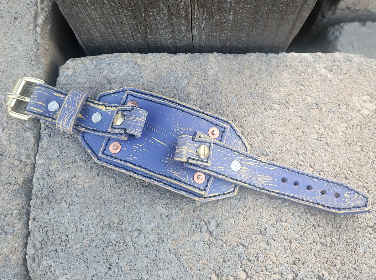 Custom Handmade Vintage Purple and Yellow Leather Smart Watch Band with Gold Buckle