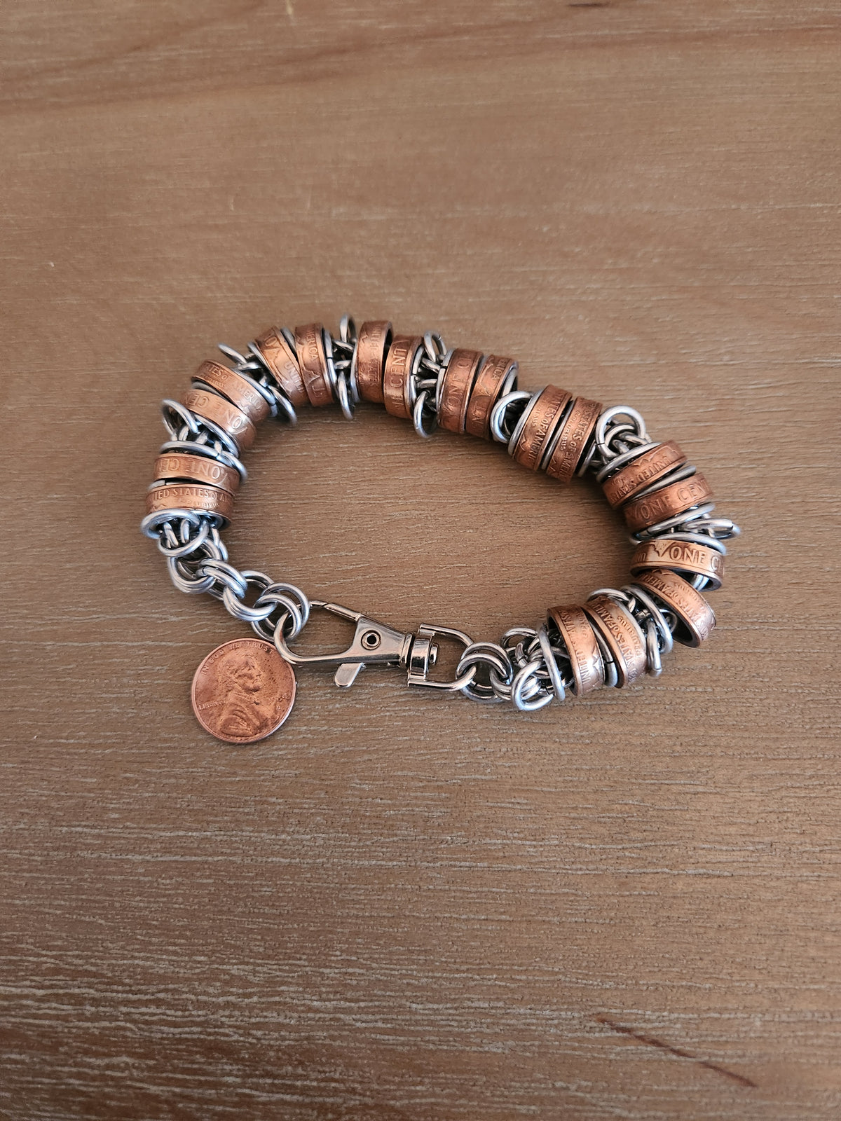 Custom United States Penny Chain Bracelet with Copper-Tone Design and Unique Twists
