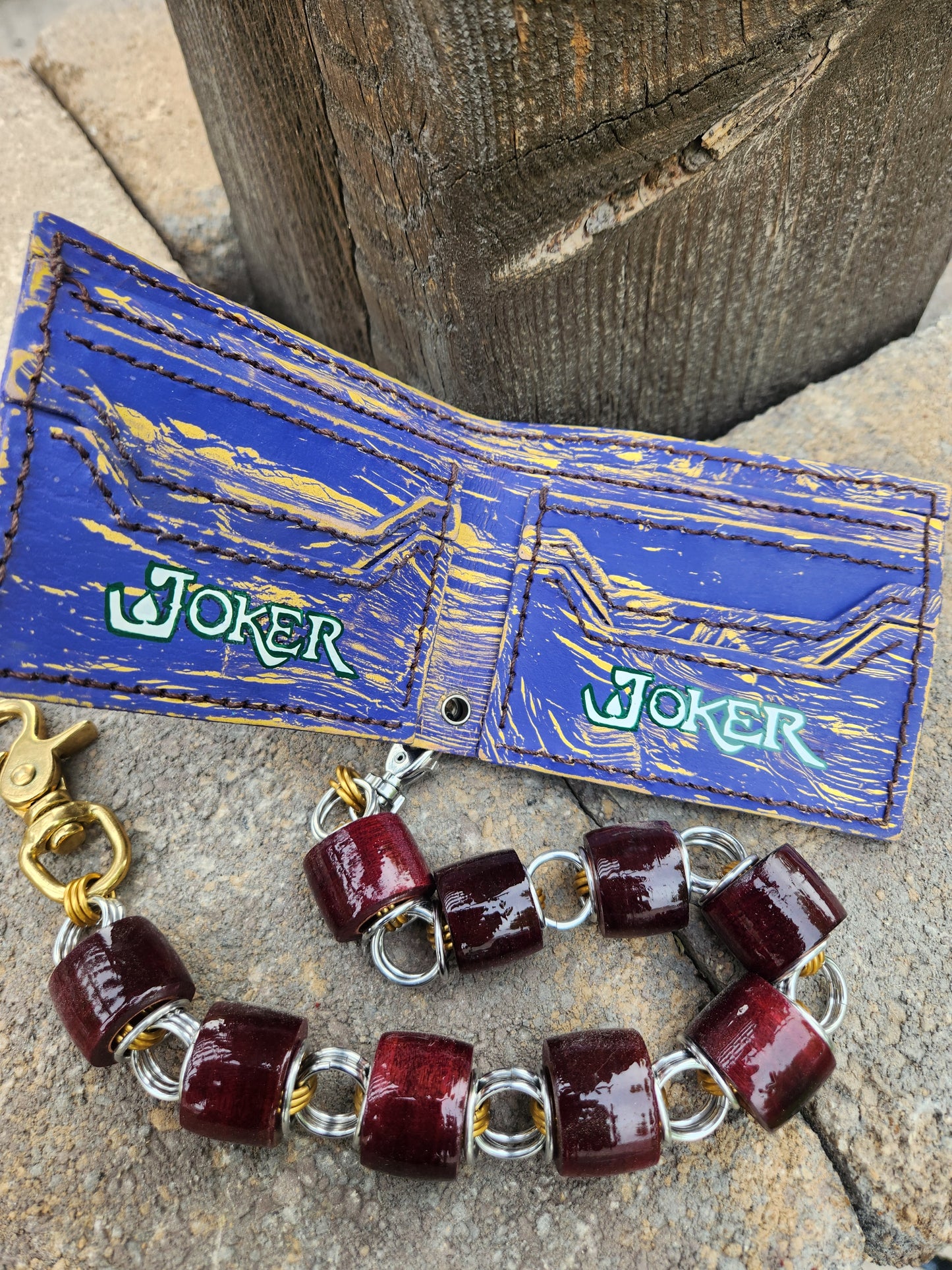 Custom Purple and Yellow Distressed retro handpainted Joker wallet.