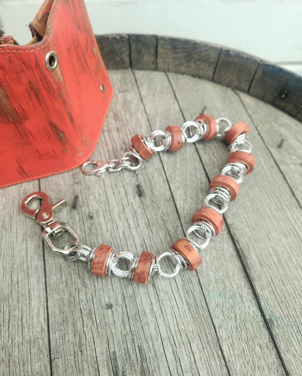18in Thinner Exotic Wood "Red Heart" Wallet Chain and polished Steel Rings