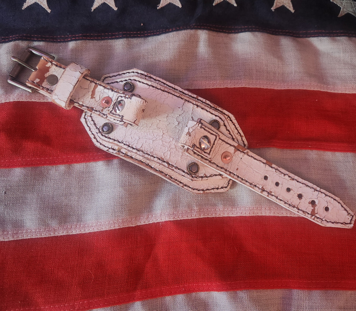 Custom Vintage White Leather Smart Watch Band with Brass Buckle
