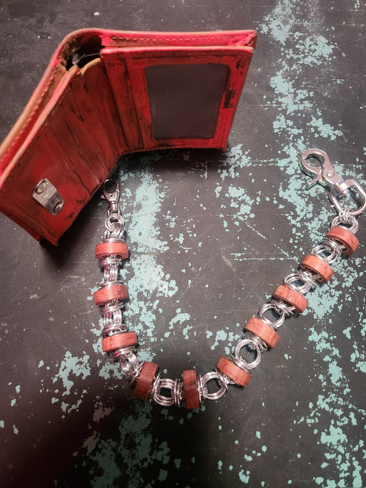 18in Thinner Exotic Wood "Red Heart" Wallet Chain and polished Steel Rings