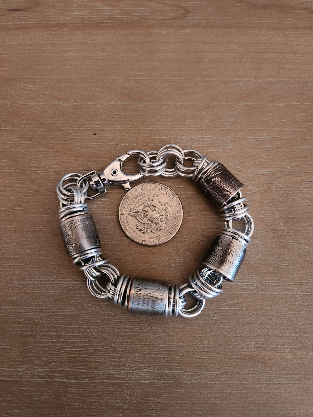 Custom United States Half Dollar Coin and polished Steel Ring Chain Bracelet with Silver-Tone Design