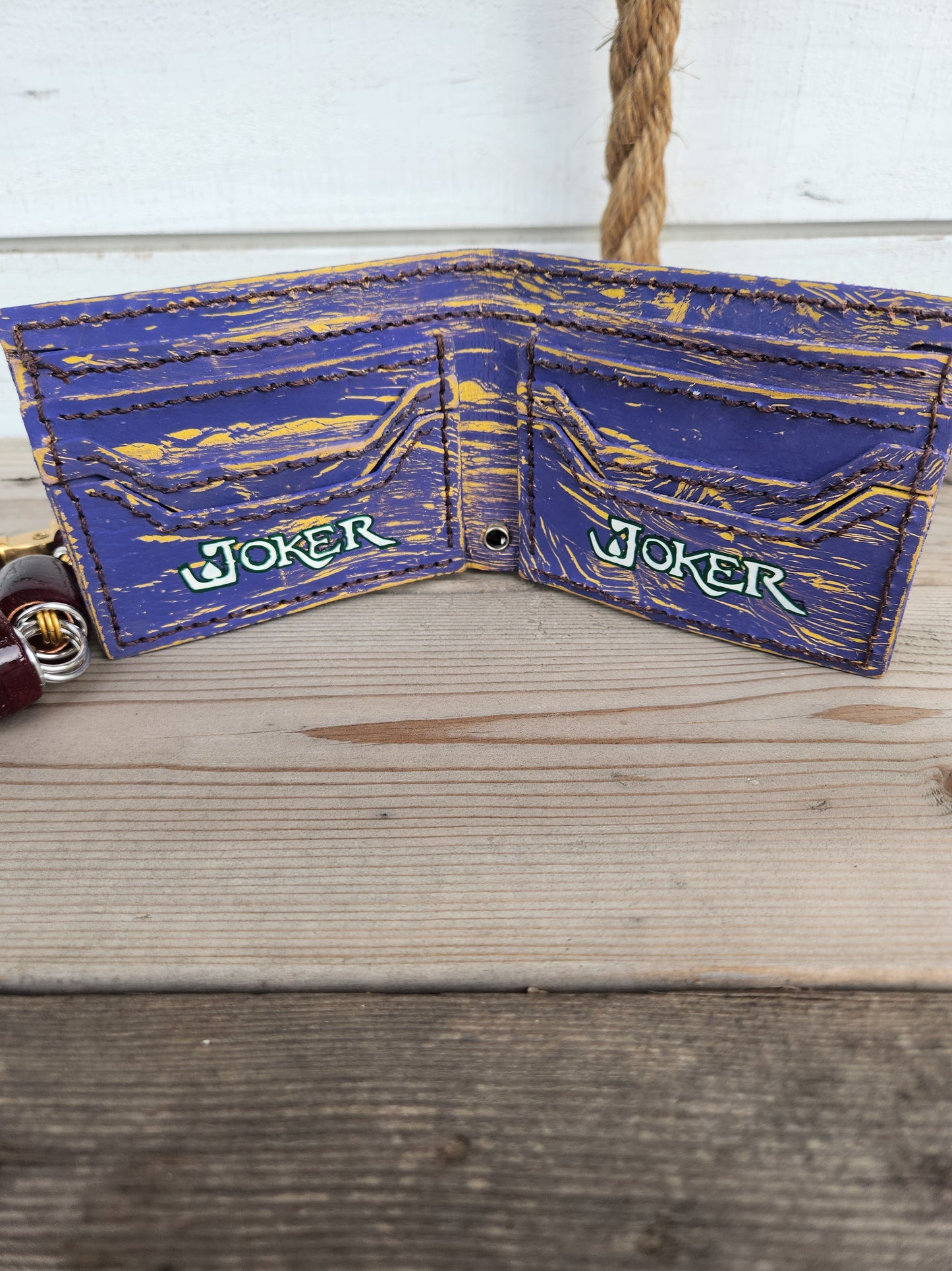 Custom Purple and Yellow Distressed retro handpainted Joker wallet.