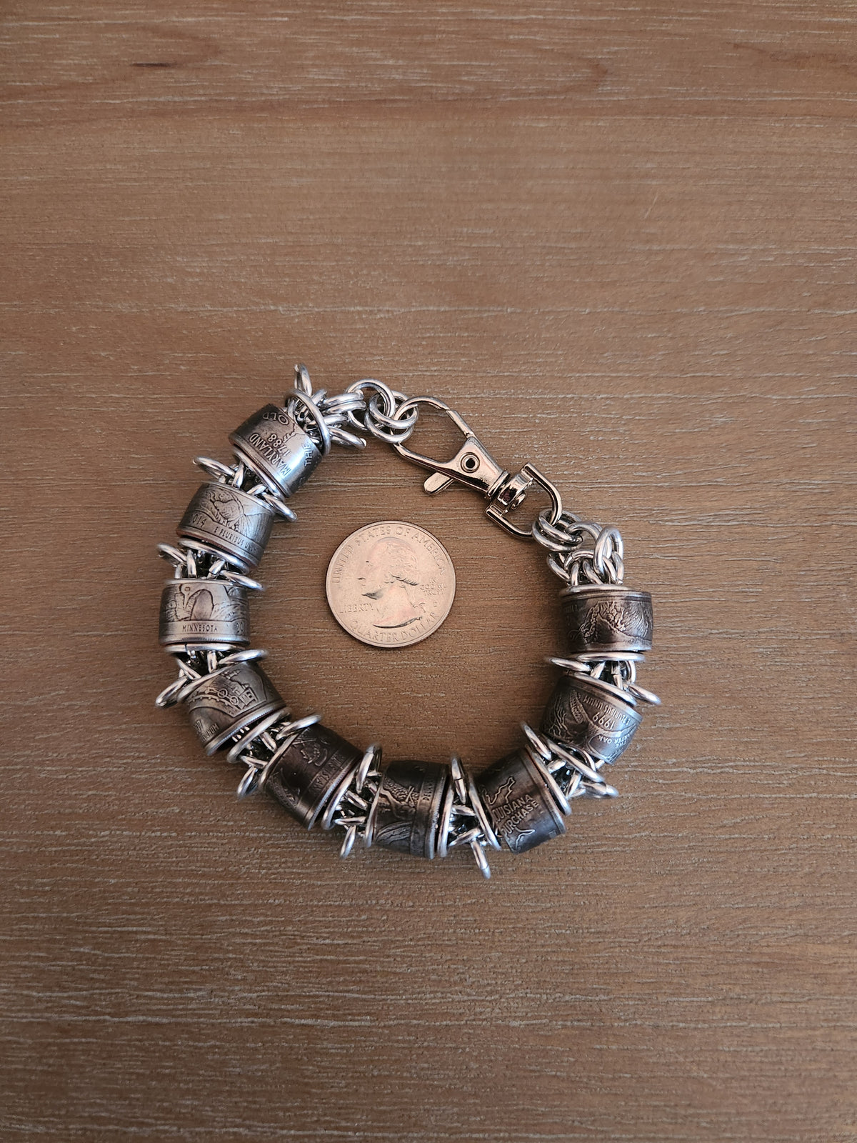 Custom United States Quarter with Polished Steel Ring Bracelet - Unique Design, Silver Finish